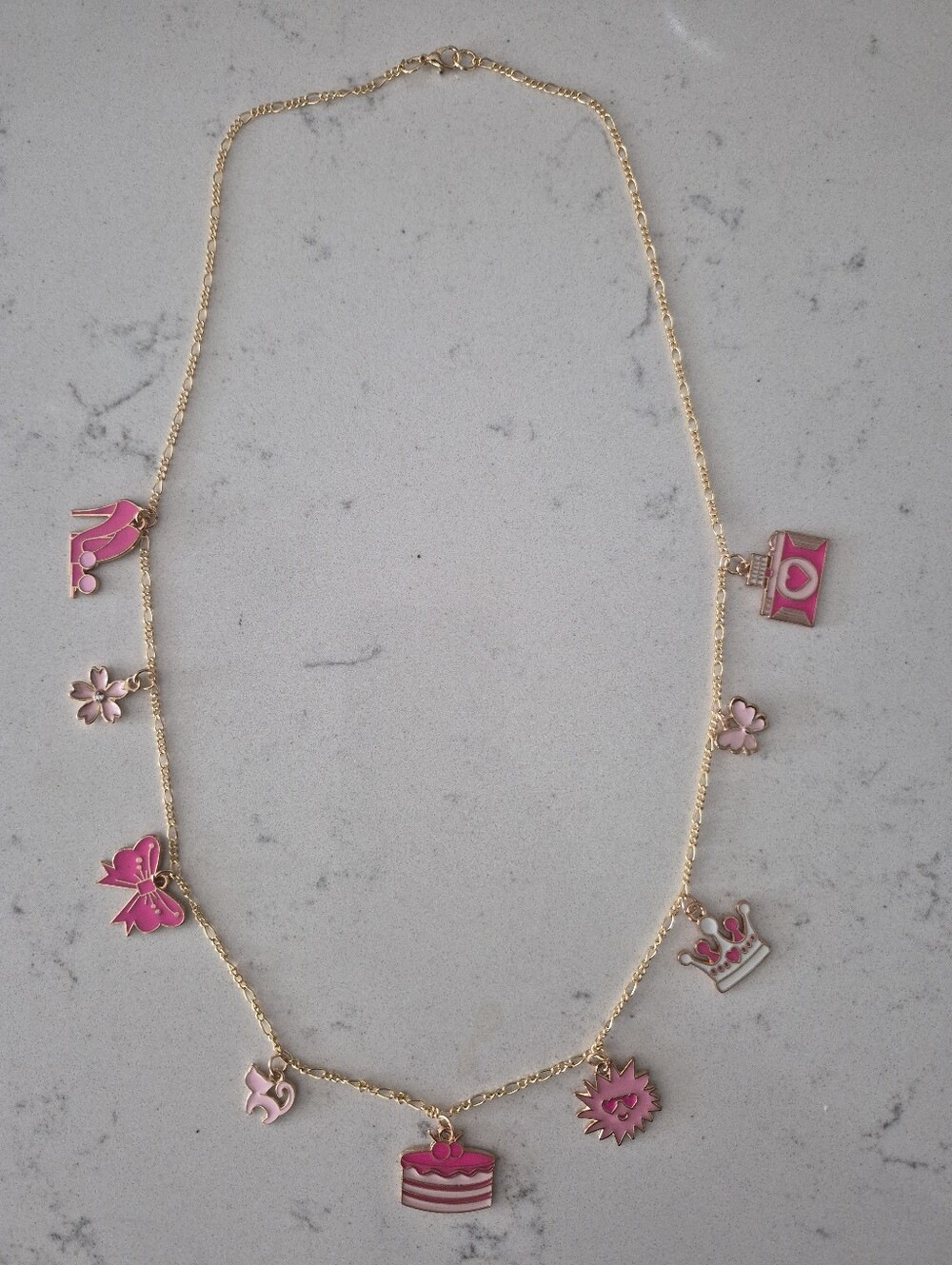 Gold Charm Necklace with Pink Enamel Charms